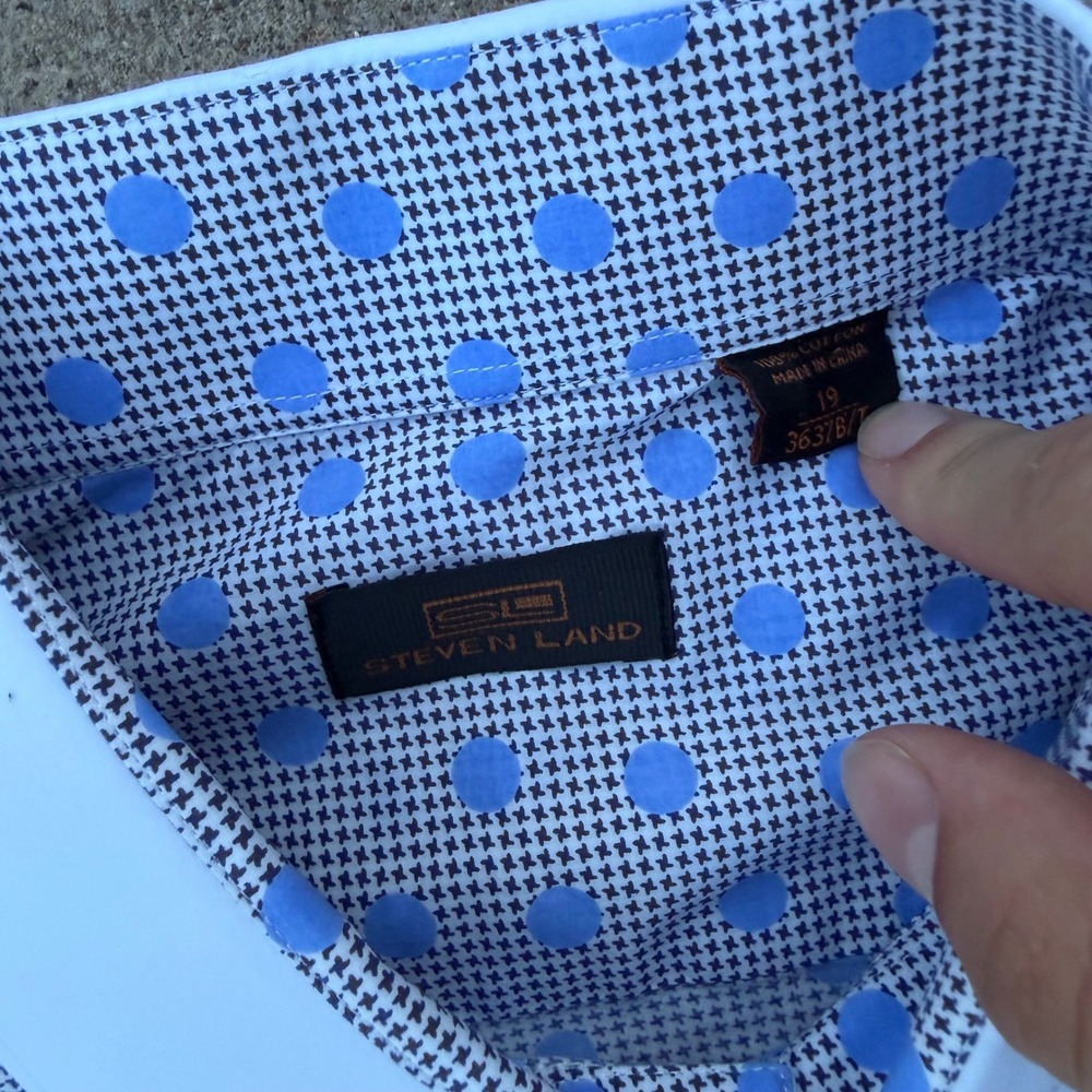 Steven Land Dress Shirt Mens 19 Blue Polka Dot Contrast Collar French Cuff - Picture 4 of 6